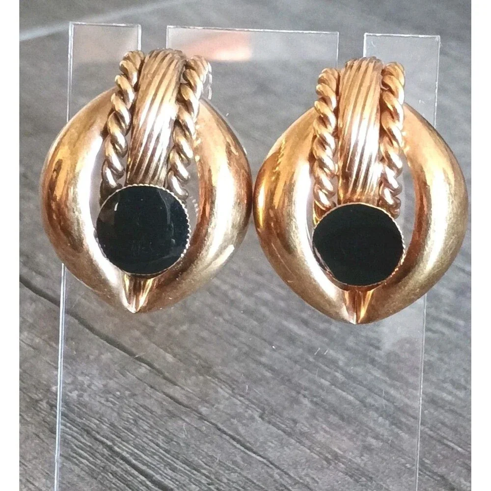 Gold Tone Black Enamel Chunky Gold Ton Vintage Earrings